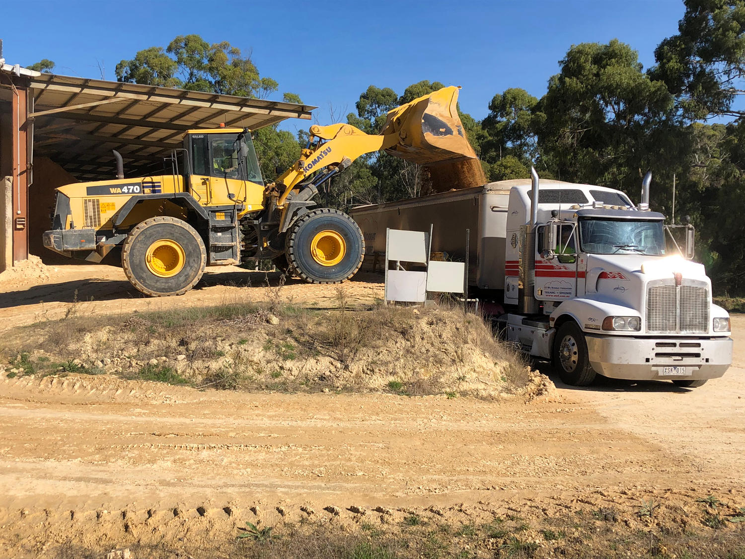 Front loader loading fertiliser into delivery truck